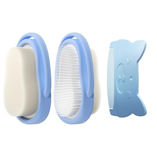 Wishbird 3-in-1 Baby Cradle Cap Pflegeset – Sanfte Bürste, gebogener Kamm & Badeschwamm | BPA-freie Behandlung für Neugeborene & Säuglinge zur Kopfhautmassage & Entfernung von trockenen Schuppen, Hellblau