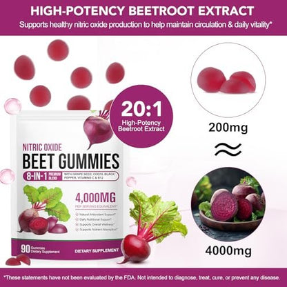 Rote Bete Gummibärchen, 90 Stück 20:1 Hochkonzentrierter Rote Bete Extrakt mit COQ10, Vitamin C, B12, Traubenkernextrakt & Schwarzem Pfeffer – Steigert Energie, unterstützt Immunsystem & Herzgesundheit