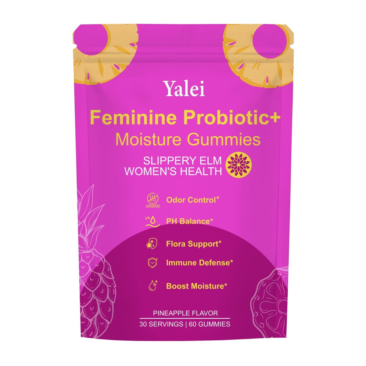 Yalei Slippery Kitty Gummies – Saftige, feminine Probiotika-Gummis für pH-Gleichgewicht und Verdauungsgesundheit mit Ulme – 60 Stück, Ananasgeschmack