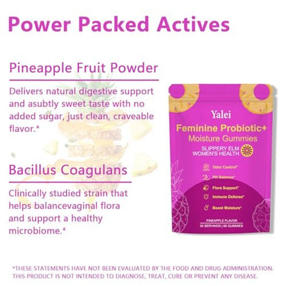 Yalei Slippery Kitty Gummies – Saftige, feminine Probiotika-Gummis für pH-Gleichgewicht und Verdauungsgesundheit mit Ulme – 60 Stück, Ananasgeschmack