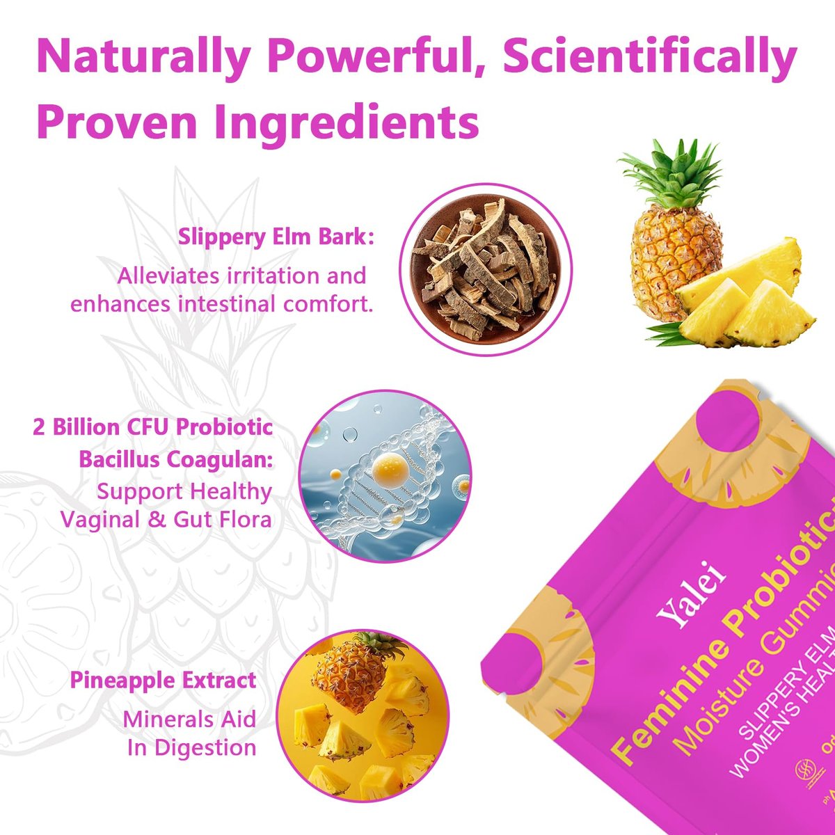 Yalei Slippery Kitty Gummies – Saftige, feminine Probiotika-Gummis für pH-Gleichgewicht und Verdauungsgesundheit mit Ulme – 60 Stück, Ananasgeschmack