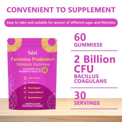 Yalei Slippery Kitty Gummies – Saftige, feminine Probiotika-Gummis für pH-Gleichgewicht und Verdauungsgesundheit mit Ulme – 60 Stück, Ananasgeschmack