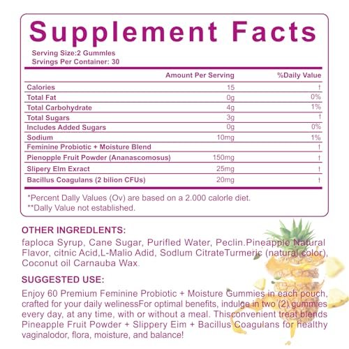 Yalei Slippery Kitty Gummies – Saftige, feminine Probiotika-Gummis für pH-Gleichgewicht und Verdauungsgesundheit mit Ulme – 60 Stück, Ananasgeschmack