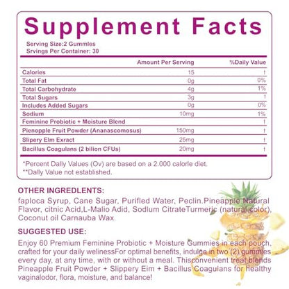Yalei Slippery Kitty Gummies – Saftige, feminine Probiotika-Gummis für pH-Gleichgewicht und Verdauungsgesundheit mit Ulme – 60 Stück, Ananasgeschmack