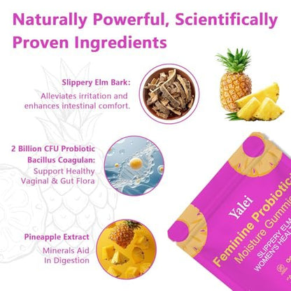 Yalei Slippery Kitty Gummies – Saftige, feminine Probiotika-Gummis für pH-Gleichgewicht und Verdauungsgesundheit mit Ulme – 60 Stück, Ananasgeschmack