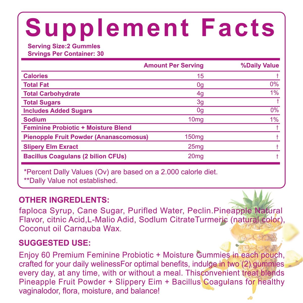Yalei Slippery Kitty Gummies – Saftige, feminine Probiotika-Gummis für pH-Gleichgewicht und Verdauungsgesundheit mit Ulme – 60 Stück, Ananasgeschmack