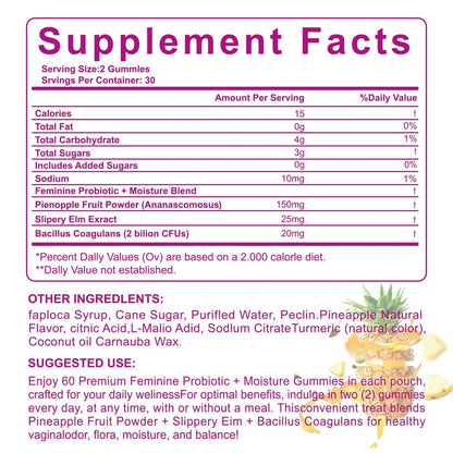 Yalei Slippery Kitty Gummies – Saftige, feminine Probiotika-Gummis für pH-Gleichgewicht und Verdauungsgesundheit mit Ulme – 60 Stück, Ananasgeschmack