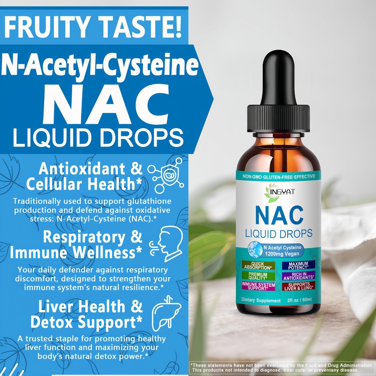NAC Nahrungsergänzung N-Acetyl Cystein | Hochdosierte NAC 1200 mg Flüssigtropfen für Atemwege, Leber & Nieren Detox, Immununterstützung & Antioxidantien | Vegan | Non-GMO | Glutenfrei | Schnell wirkende Formel