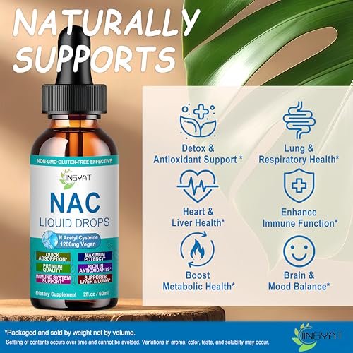 NAC Nahrungsergänzung N-Acetyl Cystein | Hochdosierte NAC 1200 mg Flüssigtropfen für Atemwege, Leber & Nieren Detox, Immununterstützung & Antioxidantien | Vegan | Non-GMO | Glutenfrei | Schnell wirkende Formel