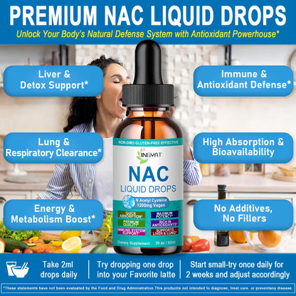 NAC Nahrungsergänzung N-Acetyl Cystein | Hochdosierte NAC 1200 mg Flüssigtropfen für Atemwege, Leber & Nieren Detox, Immununterstützung & Antioxidantien | Vegan | Non-GMO | Glutenfrei | Schnell wirkende Formel