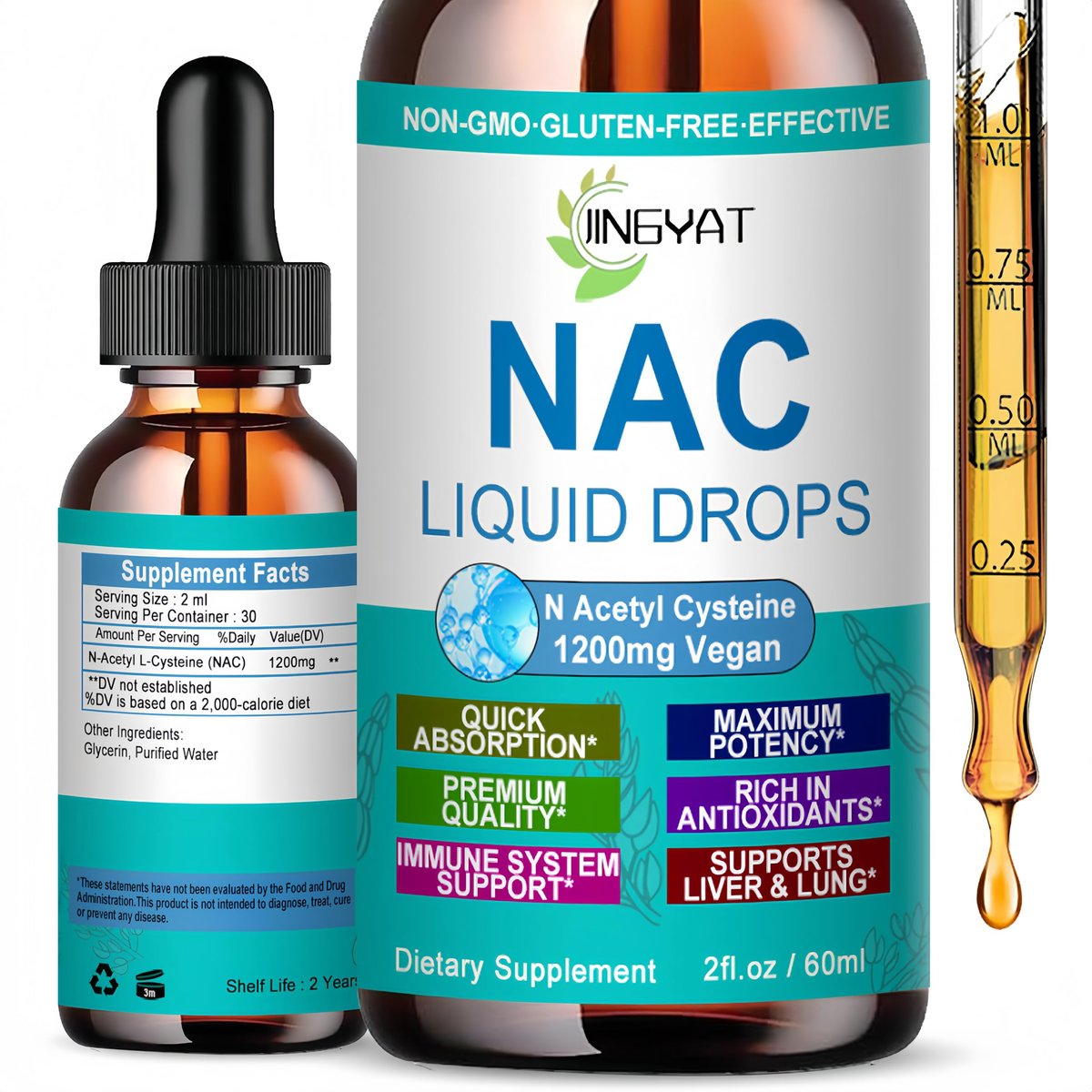 NAC Nahrungsergänzung N-Acetyl Cystein | Hochdosierte NAC 1200 mg Flüssigtropfen für Atemwege, Leber & Nieren Detox, Immununterstützung & Antioxidantien | Vegan | Non-GMO | Glutenfrei | Schnell wirkende Formel