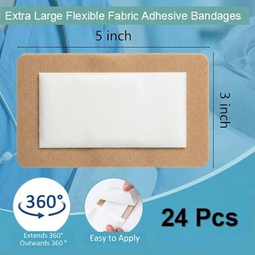 Geiserailie 24 Stück Extra Große Flexible Haftverbände 5 x 3 Zoll Sterile Stoffpflaster mit nicht haftendem Pad, latexfrei, schmerzfreies Entfernen für Wundversorgung und Erste Hilfe (Rechteck)
