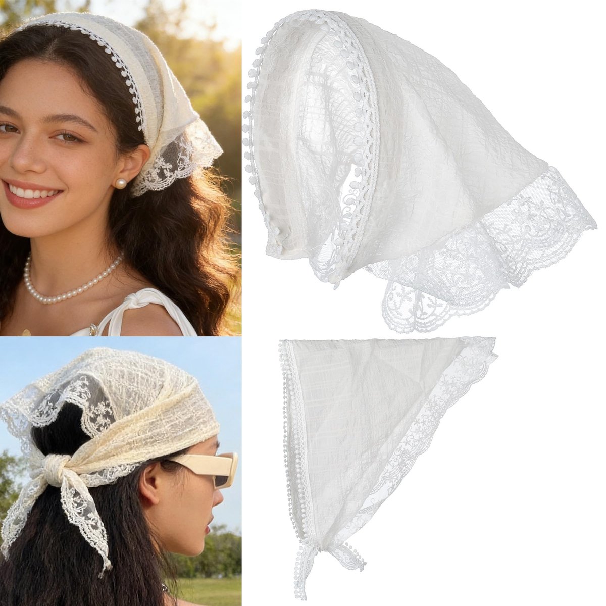 SL Sursarbelor 2er-Pack Bandana Haartuch für Damen, Weiß und Apricot Spitzenbandana Halstuch, Süßes Dreieckstuch für Mädchen, Kopfaccessoires
