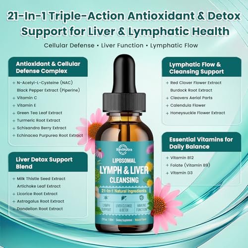 Liposomale Lymphdrainage-Tropfen, Leberreinigung & Entgiftung flüssig mit Mariendistel, Löwenzahn, Klettenwurzel & Echinacea - Lymph- & Leber-Detox, Antioxidans, natürlicher Geschmack 60 ml