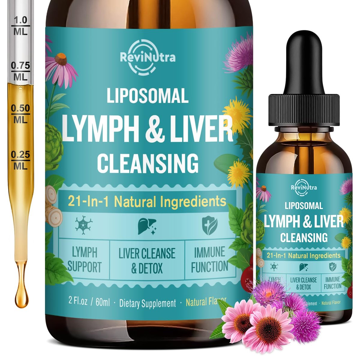 Liposomale Lymphdrainage-Tropfen, Leberreinigung & Entgiftung flüssig mit Mariendistel, Löwenzahn, Klettenwurzel & Echinacea - Lymph- & Leber-Detox, Antioxidans, natürlicher Geschmack 60 ml