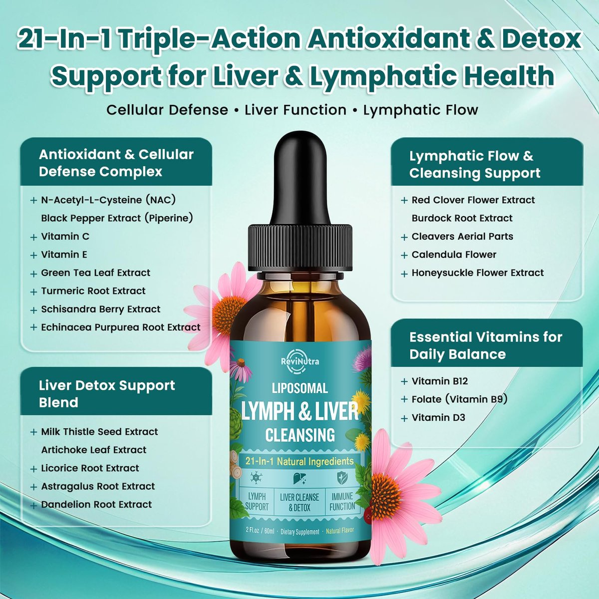 Liposomale Lymphdrainage-Tropfen, Leberreinigung & Entgiftung flüssig mit Mariendistel, Löwenzahn, Klettenwurzel & Echinacea - Lymph- & Leber-Detox, Antioxidans, natürlicher Geschmack 60 ml