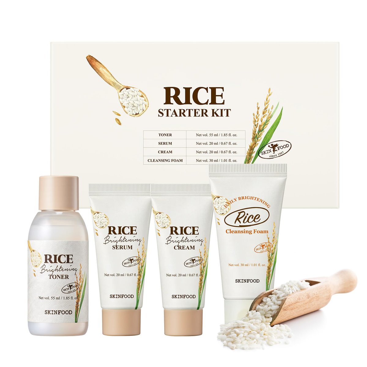 SKINFOOD Rice Starter Kit – Korean Skincare Set für Glasglashaut mit Reis-Toner, Serum, Feuchtigkeitscreme & Reiniger (Reisegröße)