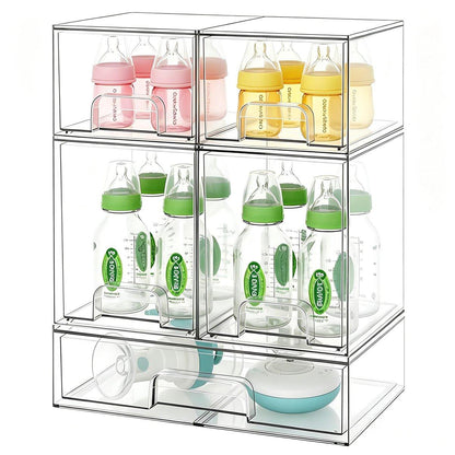 Baby Flaschen Organizer Stapelbar, Acryl Aufbewahrungsschubladen 5er Set mit rutschfesten Pads, Ausziehbare Schubladen für Babyflaschen, Pumpenteile, Vorratskammer, Schminktisch (4,4 cm und 7,6 cm hoch und 12,1 cm breit)