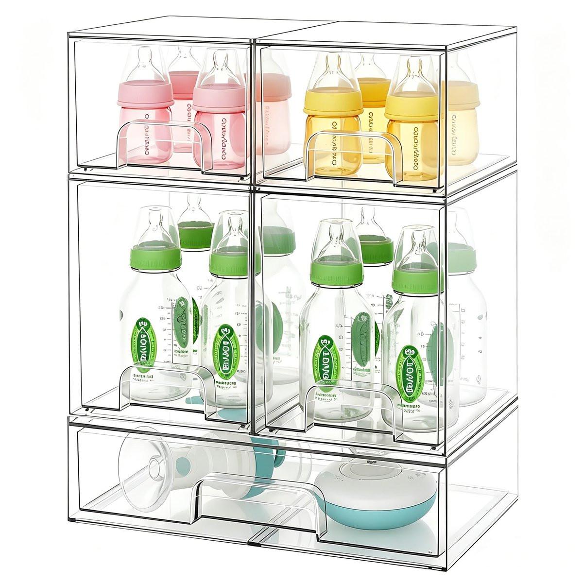 Baby Flaschen Organizer Stapelbar, Acryl Aufbewahrungsschubladen 5er Set mit rutschfesten Pads, Ausziehbare Schubladen für Babyflaschen, Pumpenteile, Vorratskammer, Schminktisch (4,4 cm und 7,6 cm hoch und 12,1 cm breit)