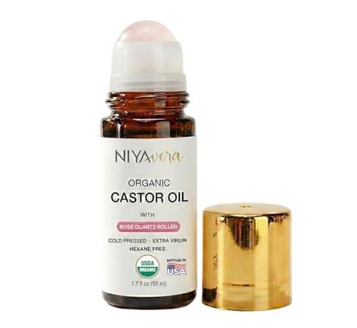 NIYAVERA Bio Rizinusöl Roll-on mit Rosenquarz für Gesicht und Körper – Kaltgepresst, Hexanfrei, Unraffiniert, 50 ml