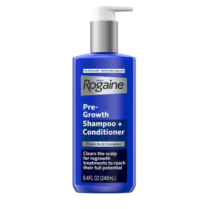 Rogaine Men's Pre-Growth 2-in-1 Shampoo + Conditioner mit Triple Acid Complex, Kopfhaut-reinigendes Shampoo entfernt Ablagerungen zur Maximierung der Haarregenerationsbehandlungen, kein Minoxidil, 250 ml