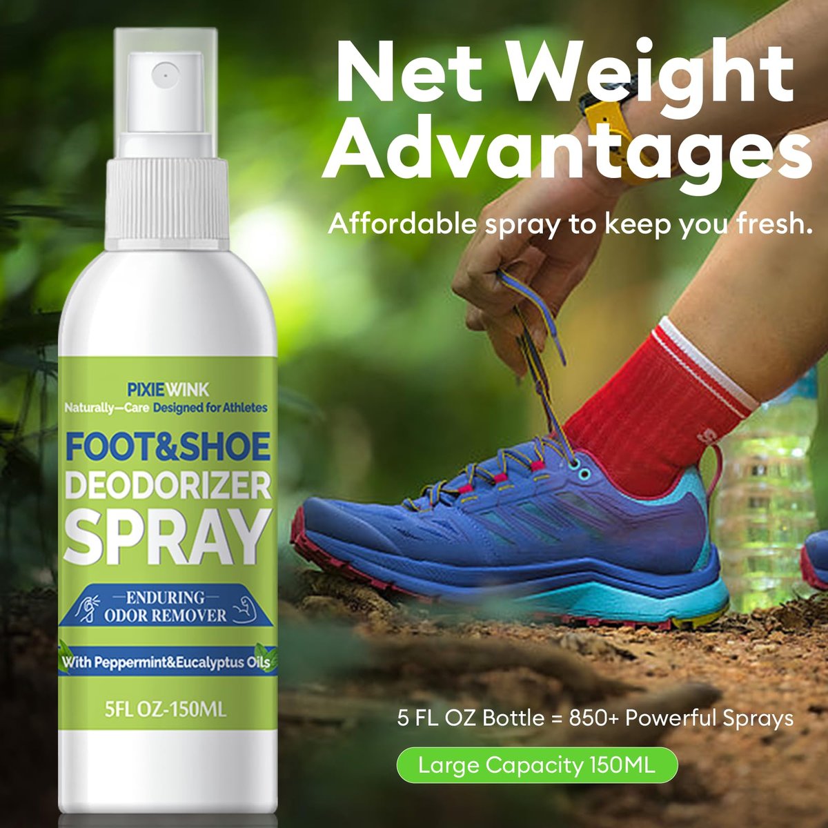 PIXIEWINK Fuß- und Schuh-Deodorant Spray, 150 ml – Sofortiger Geruchsentferner für stinkende Schuhe & Füße – Lang anhaltende Frische