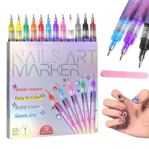 12 Farben Nagelkunst-Stifte, 0,5 mm Nagelkunst-Marker, Nagelmalstifte für Nageldesign, Schnell trocknend, DIY Nagelkunst-Werkzeug für Zuhause & Salon