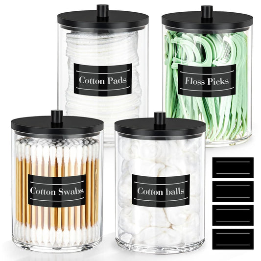 4er-Pack 10 oz Acryl Qtip-Halter mit Etiketten - Kleine durchsichtige Vorratsgläser für Bad, Kosmetik, Organisation