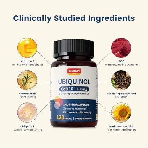 NUISM CoQ10 600mg Weichkapseln – Ubiquinol Q10 Coenzym Supplement, Coq 10 600mg Vitamine für maximale Absorption, Antioxidans Unterstützung für Herzgesundheit & Energie