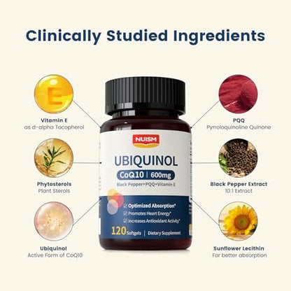 NUISM CoQ10 600mg Weichkapseln – Ubiquinol Q10 Coenzym Supplement, Coq 10 600mg Vitamine für maximale Absorption, Antioxidans Unterstützung für Herzgesundheit & Energie