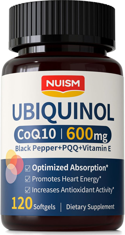 NUISM CoQ10 600mg Weichkapseln – Ubiquinol Q10 Coenzym Supplement, Coq 10 600mg Vitamine für maximale Absorption, Antioxidans Unterstützung für Herzgesundheit & Energie