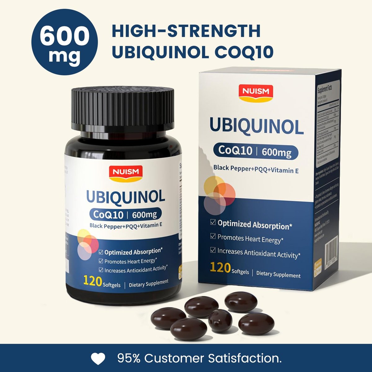 NUISM CoQ10 600mg Weichkapseln – Ubiquinol Q10 Coenzym Supplement, Coq 10 600mg Vitamine für maximale Absorption, Antioxidans Unterstützung für Herzgesundheit & Energie