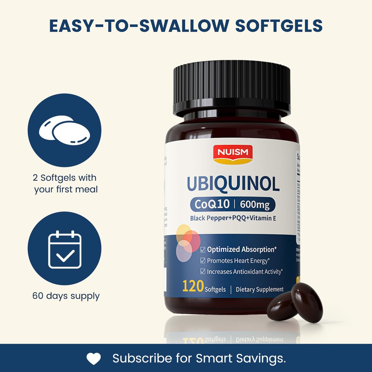 NUISM CoQ10 600mg Weichkapseln – Ubiquinol Q10 Coenzym Supplement, Coq 10 600mg Vitamine für maximale Absorption, Antioxidans Unterstützung für Herzgesundheit & Energie