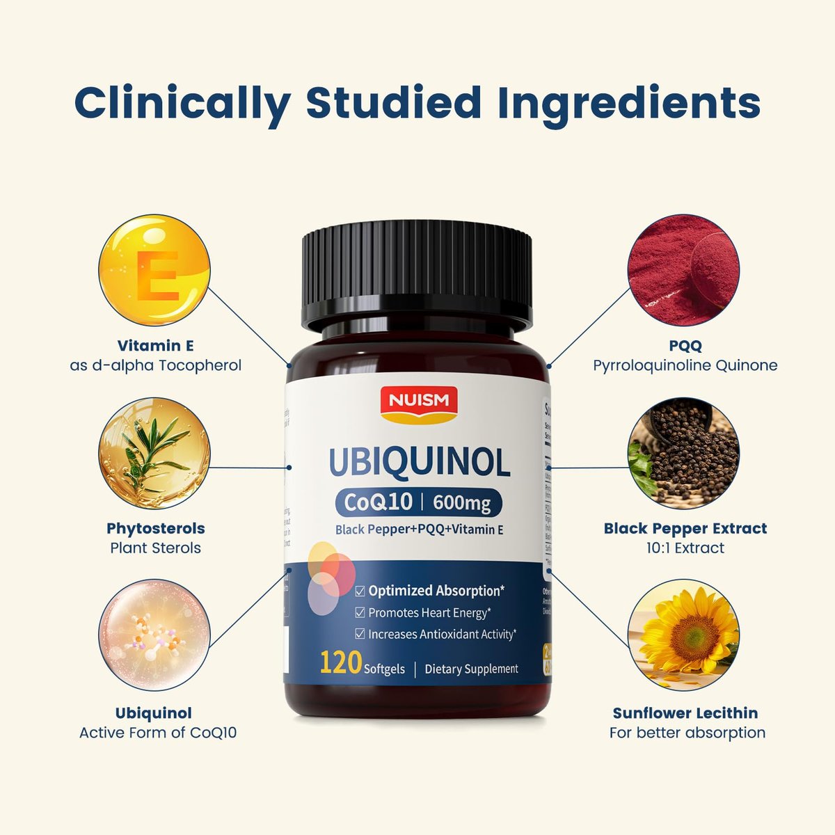 NUISM CoQ10 600mg Weichkapseln – Ubiquinol Q10 Coenzym Supplement, Coq 10 600mg Vitamine für maximale Absorption, Antioxidans Unterstützung für Herzgesundheit & Energie