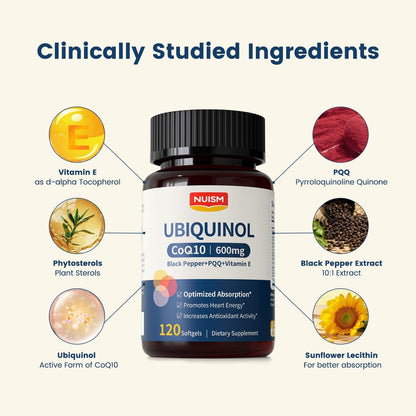 NUISM CoQ10 600mg Weichkapseln – Ubiquinol Q10 Coenzym Supplement, Coq 10 600mg Vitamine für maximale Absorption, Antioxidans Unterstützung für Herzgesundheit & Energie