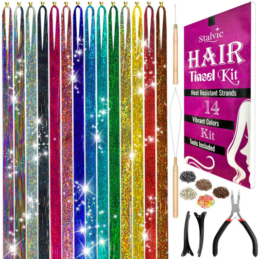 Stalvic Hair Tinsel Kit – 14 Farben, bis zu 7200 hitzebeständige Strähnen (48 Zoll) mit Holz-Einfädler, Häkelnadel, Zange, Haarbändern, Haarklammern & Perlen – für Mädchen, Frauen & Kinder