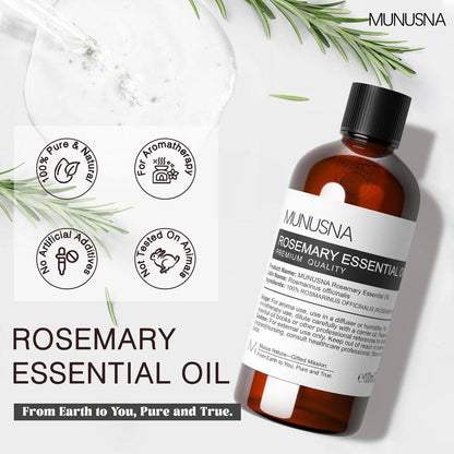 MUNUSNA Rosmarinöl 100 ml – 100% reines Rosmarinöl für Haarwachstum, Premium Aromatherapieöl für Hautpflege, Körpermassage, Diffuser, Seifen- und Kerzenherstellung
