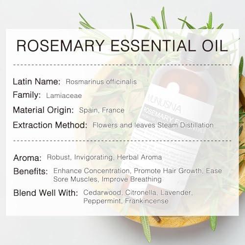 MUNUSNA Rosmarinöl 100 ml – 100% reines Rosmarinöl für Haarwachstum, Premium Aromatherapieöl für Hautpflege, Körpermassage, Diffuser, Seifen- und Kerzenherstellung