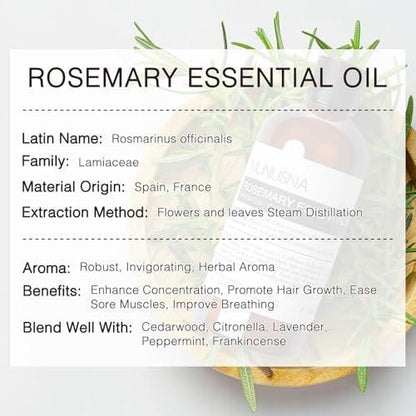 MUNUSNA Rosmarinöl 100 ml – 100% reines Rosmarinöl für Haarwachstum, Premium Aromatherapieöl für Hautpflege, Körpermassage, Diffuser, Seifen- und Kerzenherstellung