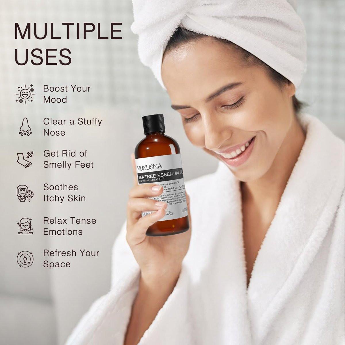 MUNUSNA Teebaumöl 100 ml – 100% reines, natürliches Teebaumöl für Haut, Haare, Diffuser, Aromatherapie, Kopfhaut und Körpermassage