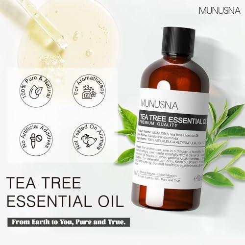 MUNUSNA Teebaumöl 100 ml – 100% reines, natürliches Teebaumöl für Haut, Haare, Diffuser, Aromatherapie, Kopfhaut und Körpermassage
