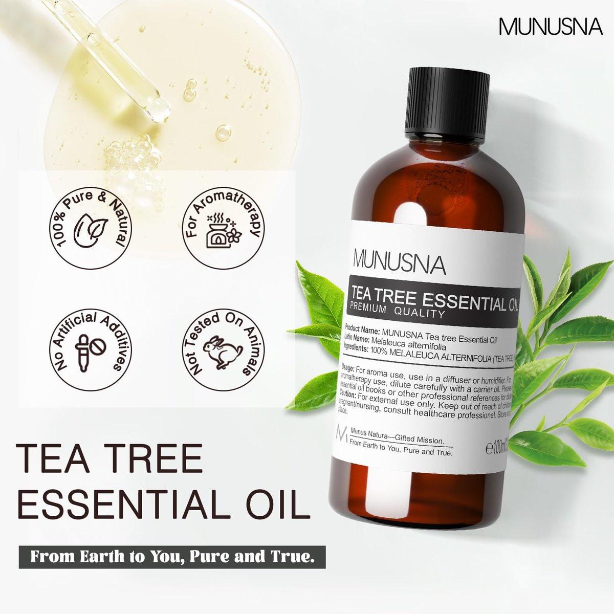 MUNUSNA Teebaumöl 100 ml – 100% reines, natürliches Teebaumöl für Haut, Haare, Diffuser, Aromatherapie, Kopfhaut und Körpermassage
