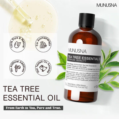 MUNUSNA Teebaumöl 100 ml – 100% reines, natürliches Teebaumöl für Haut, Haare, Diffuser, Aromatherapie, Kopfhaut und Körpermassage