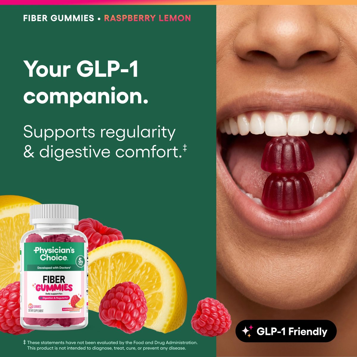 Physician's CHOICE Fiber Gummies für GLP-1 Unterstützung - Ohne Zuckerzusatz & Vegan - Himbeer-Zitrone - Präbiotische Ballaststoffe aus Chicorée-Wurzel - Verdauungsgesundheit & Regelmäßigkeit für Frauen & Männer - 60 Stück