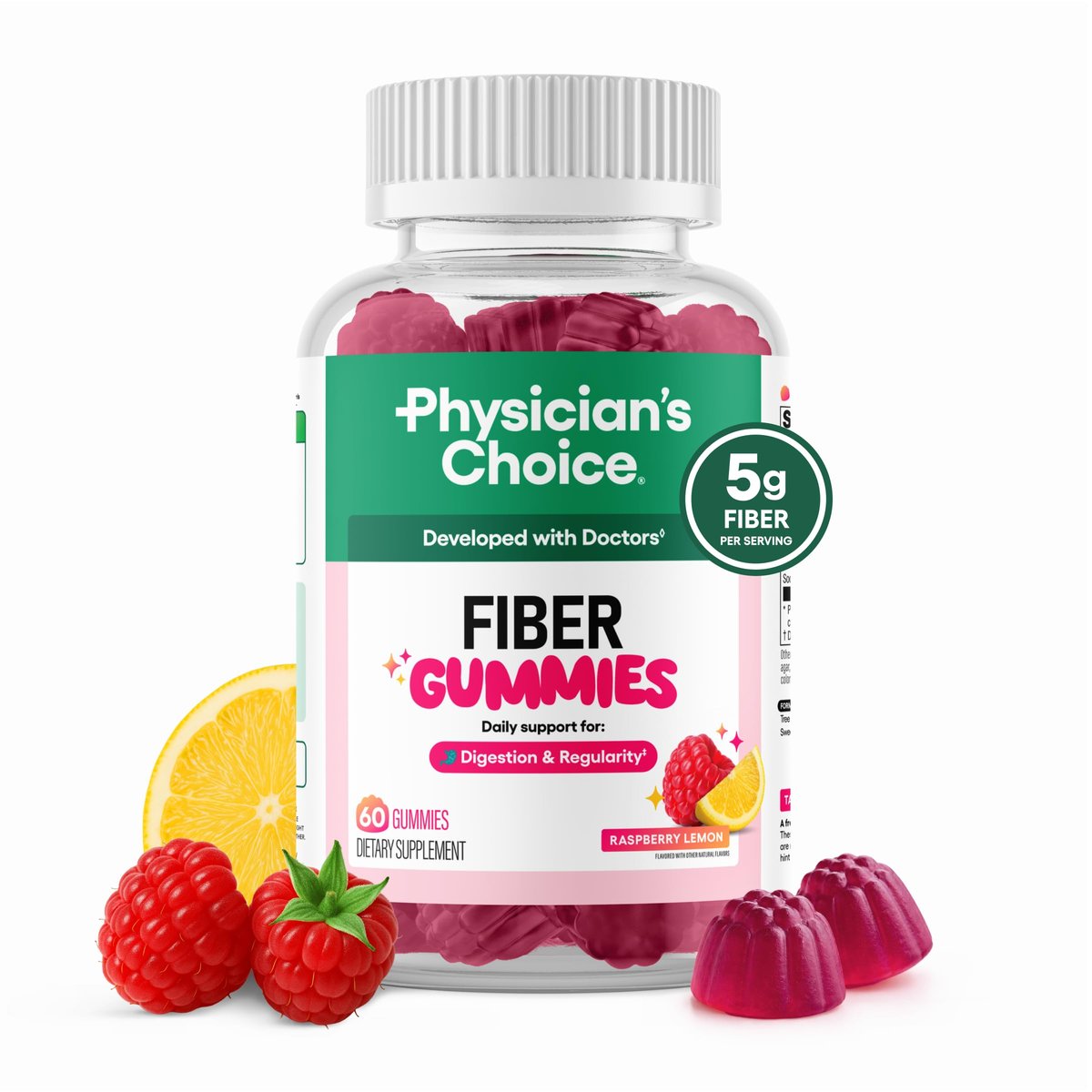 Physician's CHOICE Fiber Gummies für GLP-1 Unterstützung - Ohne Zuckerzusatz & Vegan - Himbeer-Zitrone - Präbiotische Ballaststoffe aus Chicorée-Wurzel - Verdauungsgesundheit & Regelmäßigkeit für Frauen & Männer - 60 Stück