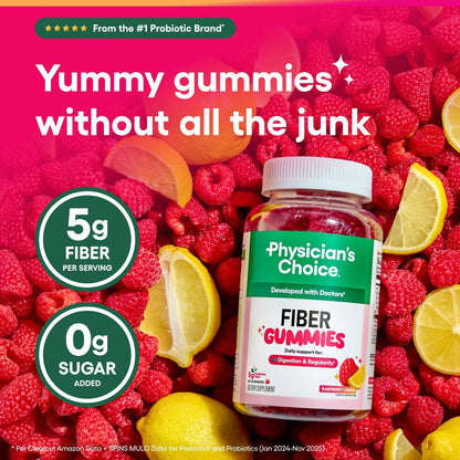 Physician's CHOICE Fiber Gummies für GLP-1 Unterstützung - Ohne Zuckerzusatz & Vegan - Himbeer-Zitrone - Präbiotische Ballaststoffe aus Chicorée-Wurzel - Verdauungsgesundheit & Regelmäßigkeit für Frauen & Männer - 60 Stück