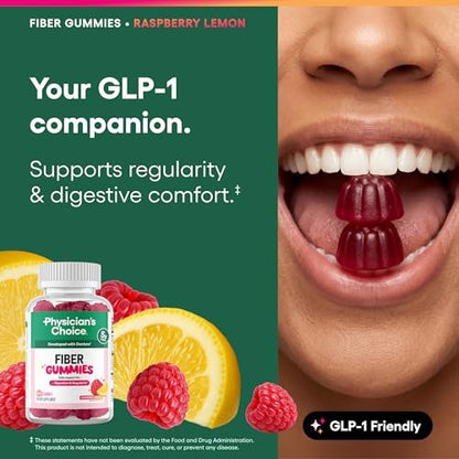 Physician's CHOICE Fiber Gummies für GLP-1 Unterstützung - Ohne Zuckerzusatz & Vegan - Himbeer-Zitrone - Präbiotische Ballaststoffe aus Chicorée-Wurzel - Verdauungsgesundheit & Regelmäßigkeit für Frauen & Männer - 60 Stück