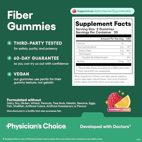 Physician's CHOICE Fiber Gummies für GLP-1 Unterstützung - Ohne Zuckerzusatz & Vegan - Himbeer-Zitrone - Präbiotische Ballaststoffe aus Chicorée-Wurzel - Verdauungsgesundheit & Regelmäßigkeit für Frauen & Männer - 60 Stück