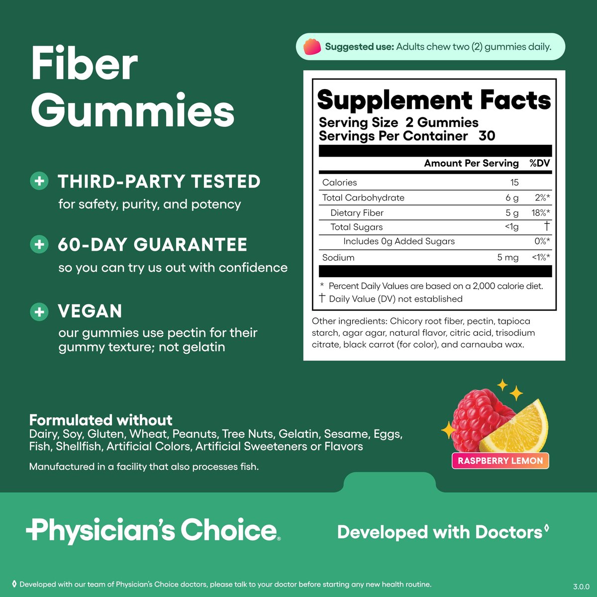 Physician's CHOICE Fiber Gummies für GLP-1 Unterstützung - Ohne Zuckerzusatz & Vegan - Himbeer-Zitrone - Präbiotische Ballaststoffe aus Chicorée-Wurzel - Verdauungsgesundheit & Regelmäßigkeit für Frauen & Männer - 60 Stück