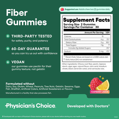 Physician's CHOICE Fiber Gummies für GLP-1 Unterstützung - Ohne Zuckerzusatz & Vegan - Himbeer-Zitrone - Präbiotische Ballaststoffe aus Chicorée-Wurzel - Verdauungsgesundheit & Regelmäßigkeit für Frauen & Männer - 60 Stück